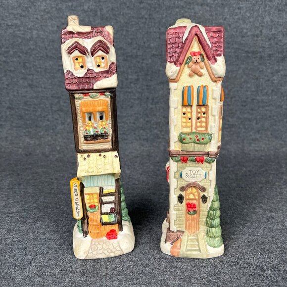 River Grove Pottery Works Christmas Porcelain Village 2 Houses Grocery Toy Shop - Picture 2 of 9